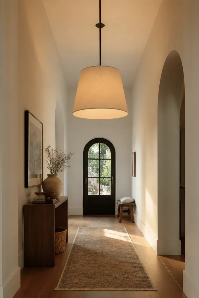 Ceiling pendant light hanging in a long foyer with warm glow