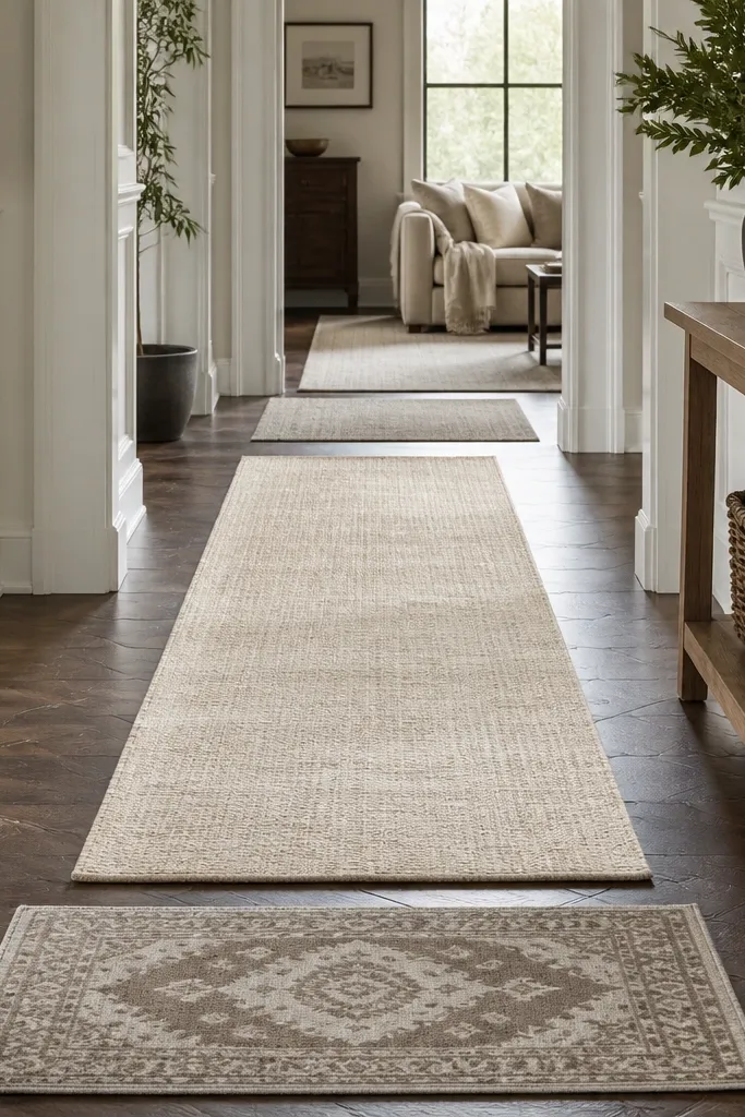 Long foyer with a runner and two small rugs at entry thresholds