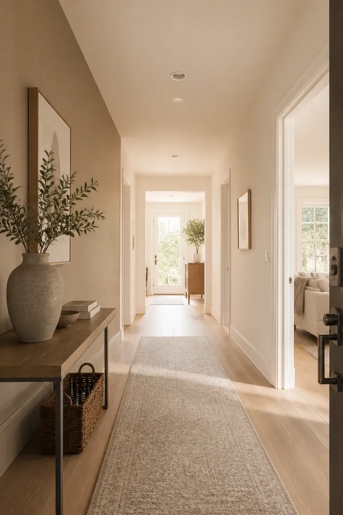 Long foyer with one warm greige accent wall and light walls