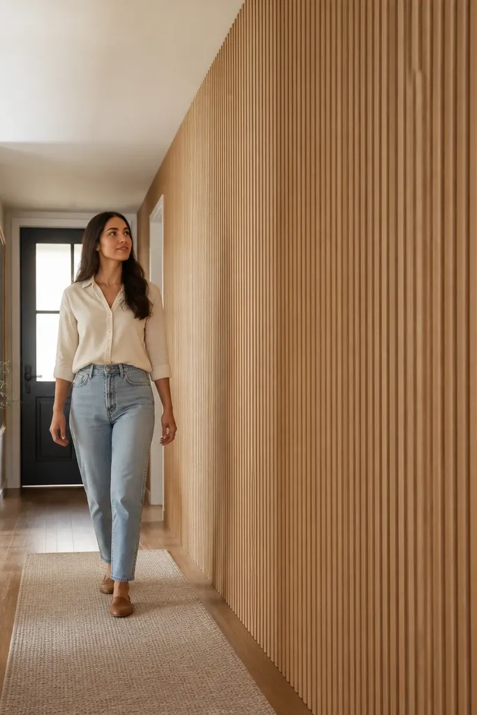 Long foyer with vertical wood slats on one wall behind decor