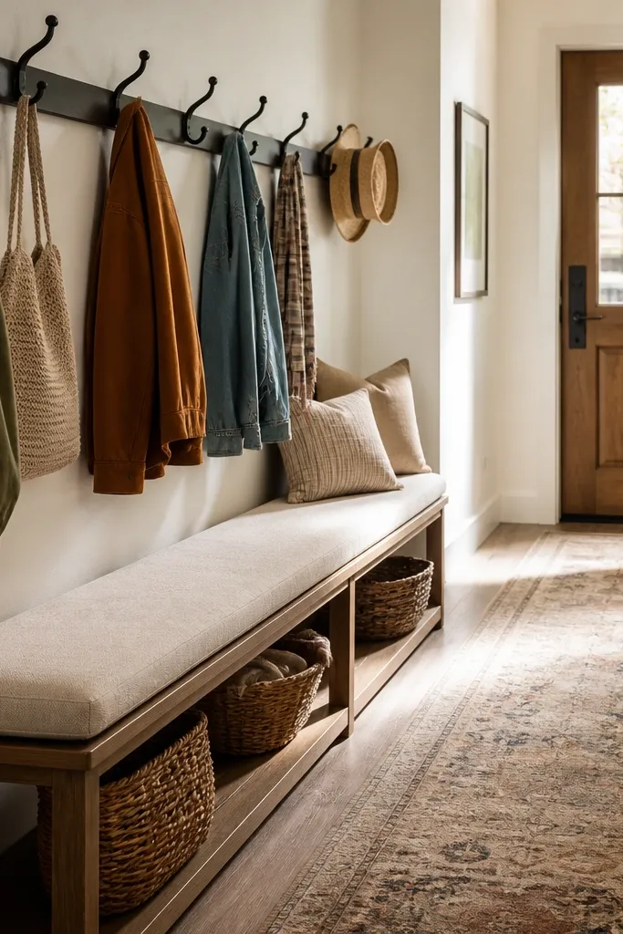Long foyer with wall coat hooks and a narrow bench with pillows