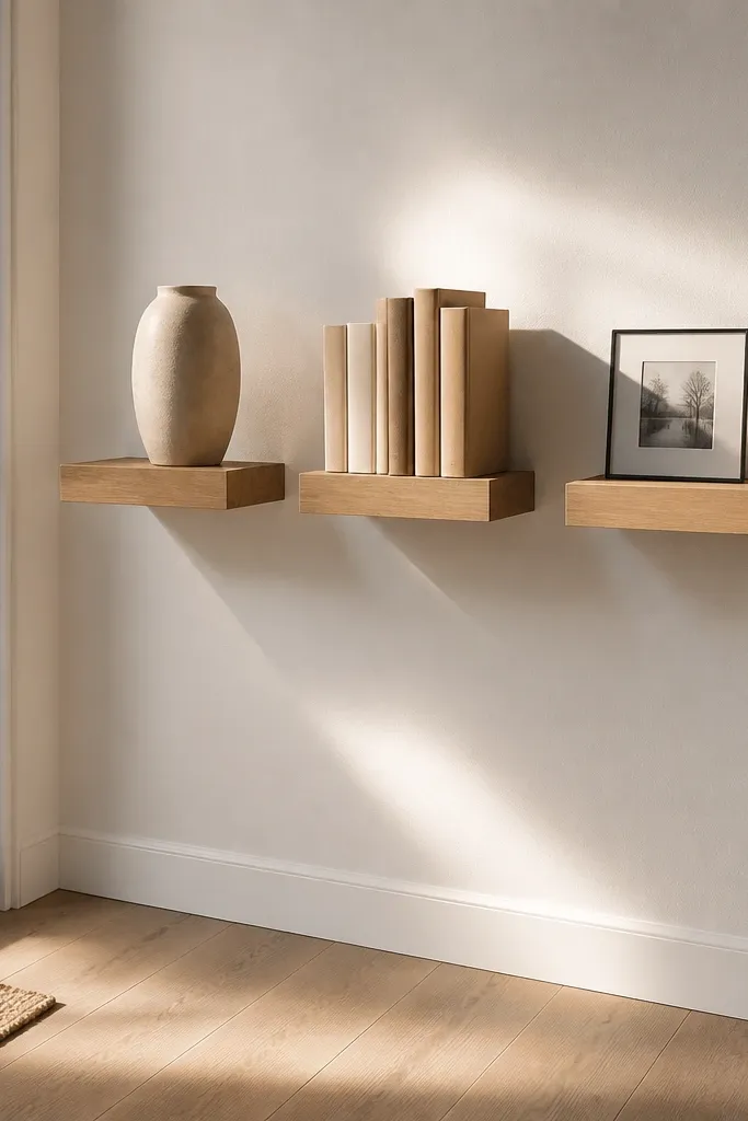 Floating shelves in a long foyer with books, ceramic, and a framed