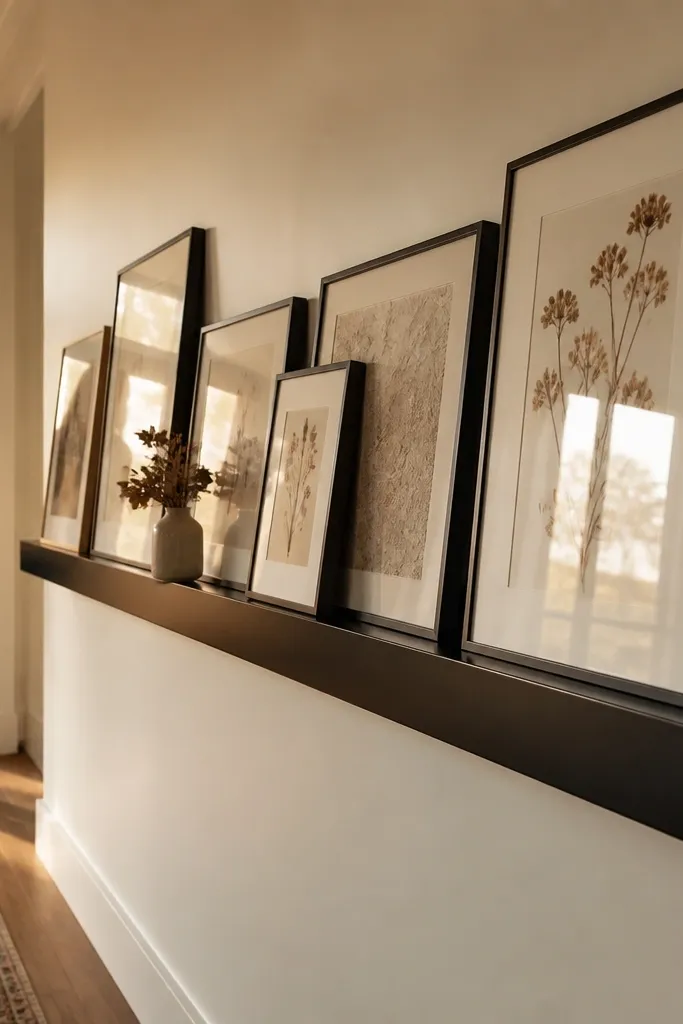 Matte black ledge with framed pieces leaning in a long foyer