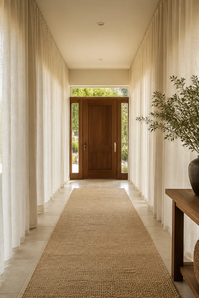 Ceiling-to-floor curtains in a long foyer framing a doorway