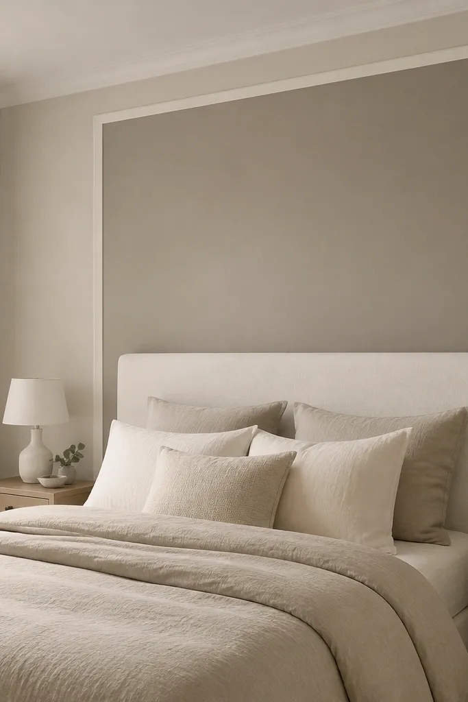 Warm greige wall behind a bed with thin white trim border
