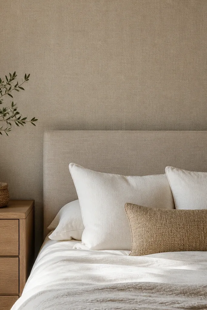 Linen-textured neutral wallpaper accent wall behind bed