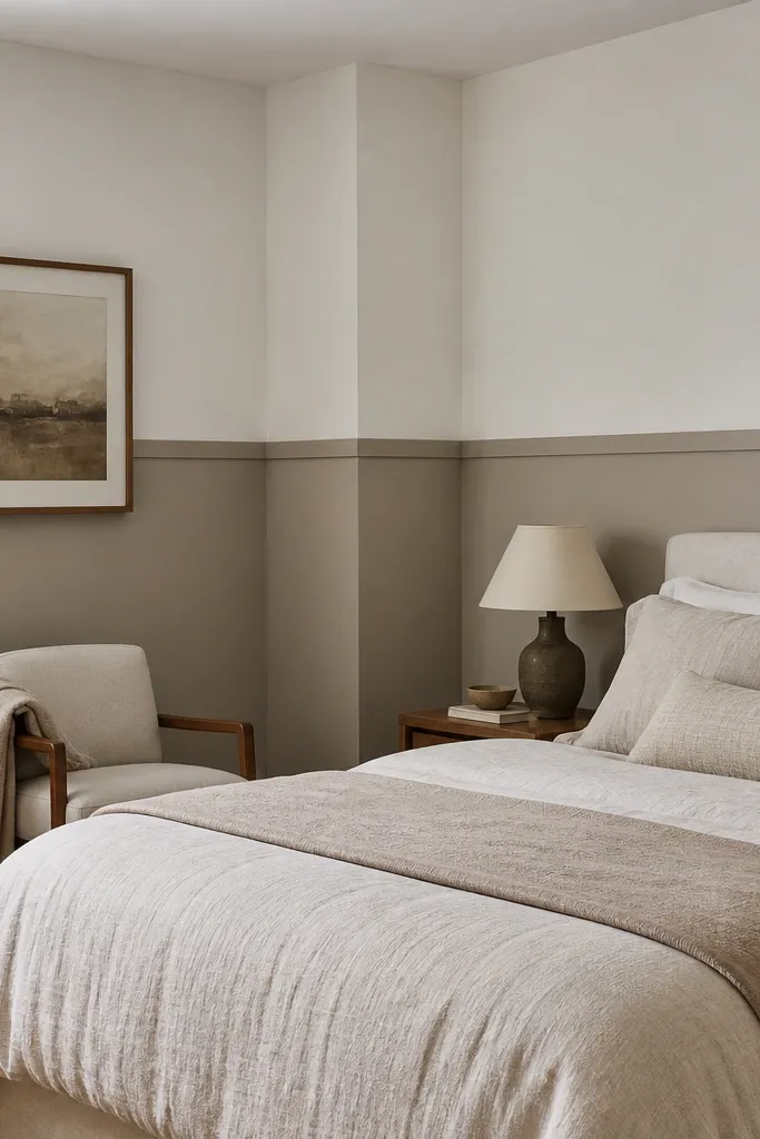 Taupe half-wall wainscoting with white upper wall behind bed