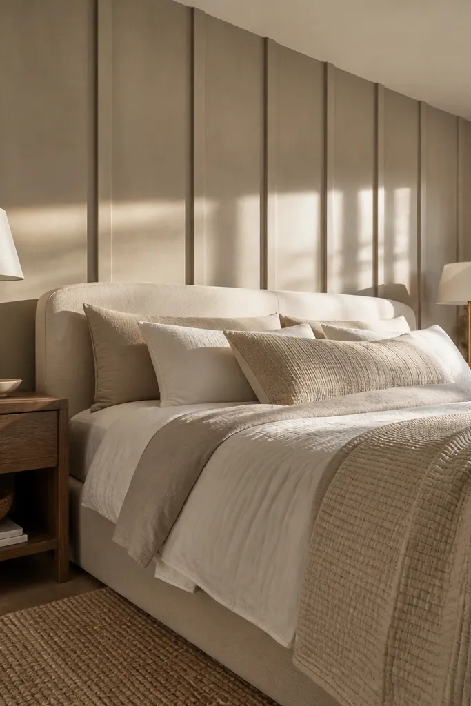 Greige board-and-batten accent wall behind bed with soft shadows