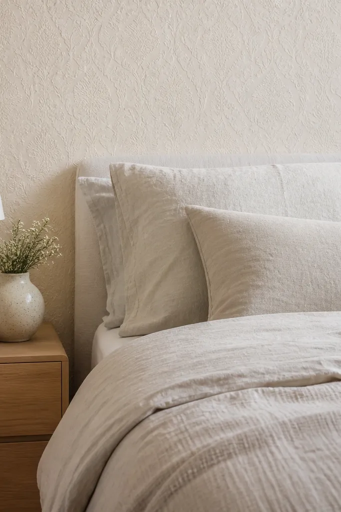 Cream wallpaper with faint damask pattern behind bed headboard