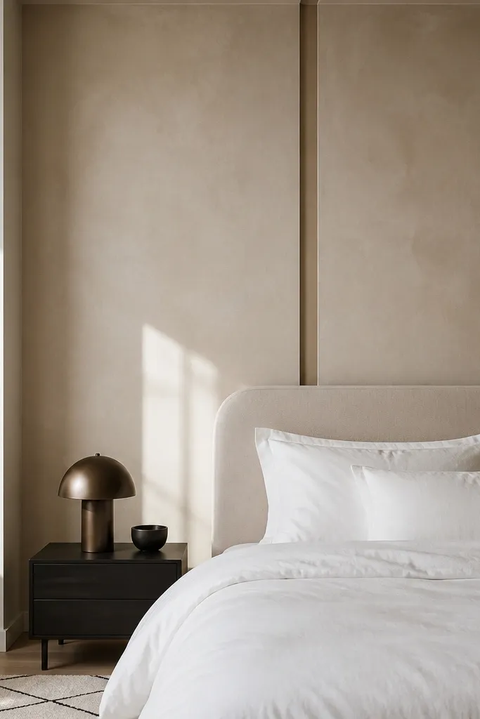 Sand neutral wall with a thin darker stripe behind bed