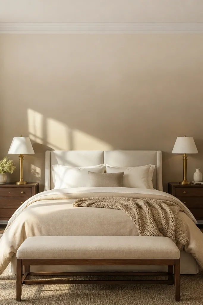 Neutral ombre wall fading lighter behind bed headboard