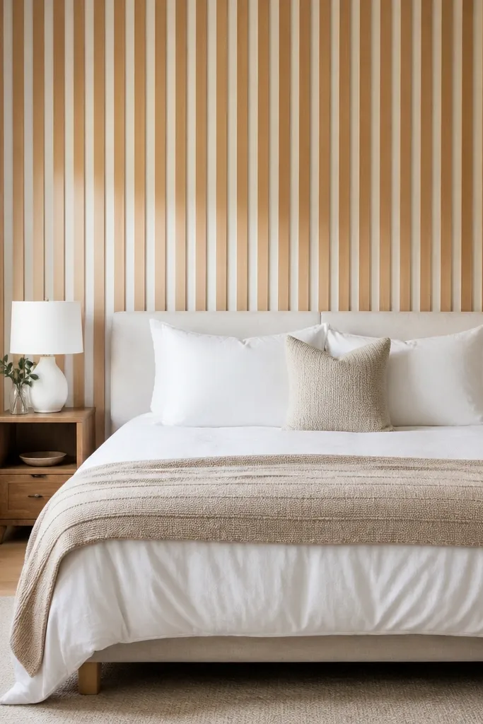 Light oak slat accent wall with white background behind bed