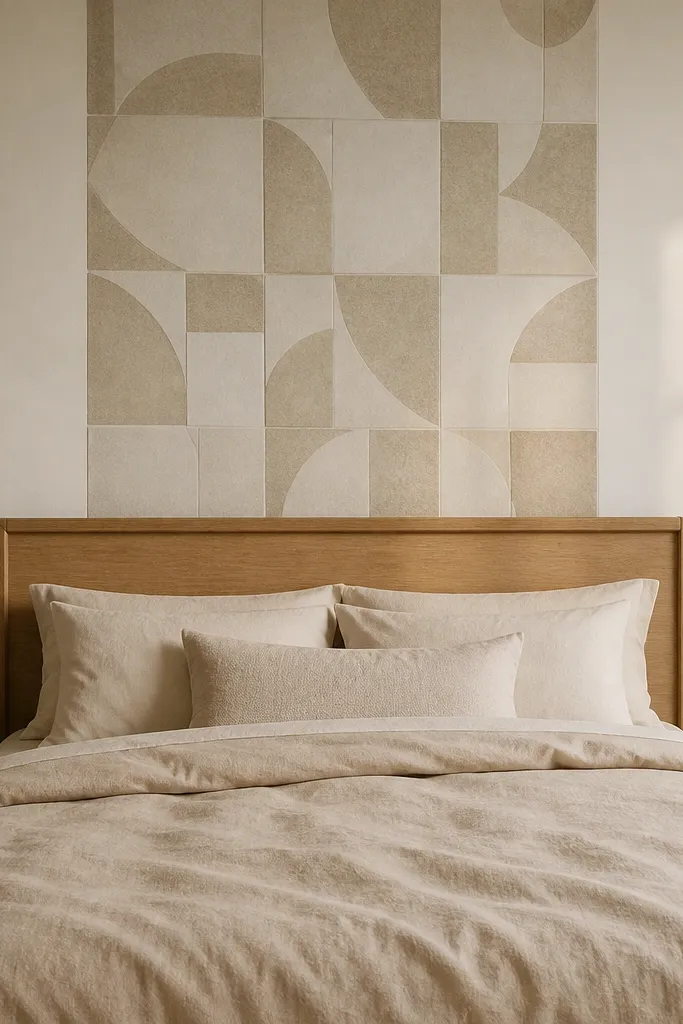 Neutral geometric peel-and-stick panel behind bed center