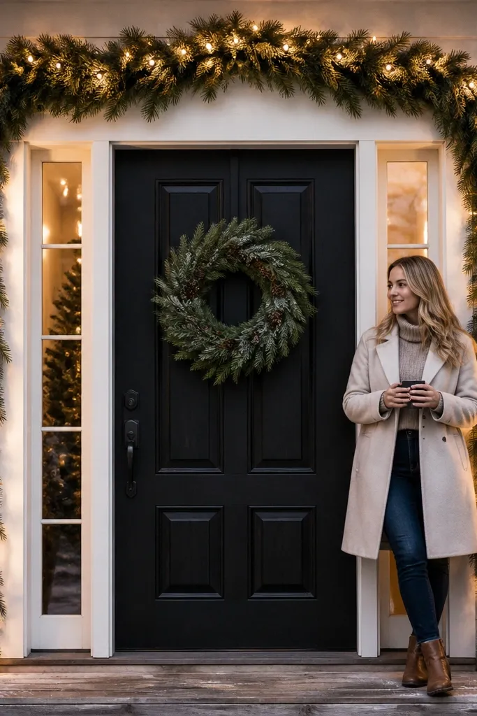 Green evergreen swag with warm white lights across a front door frame