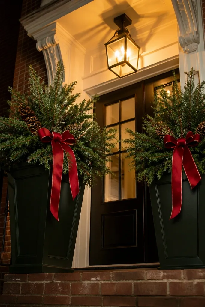 Two tall planters with evergreen, pinecones, and red ribbon at a porch window