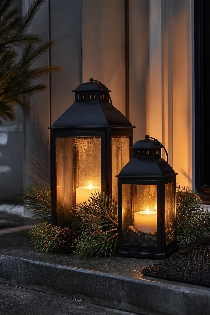 Two black lanterns on porch steps with glowing battery candles and pine sprigs