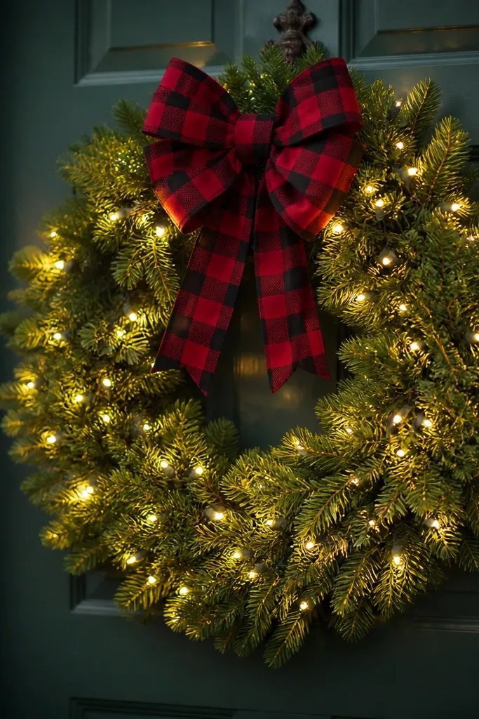 Front door wreath with warm white lights and a red plaid bow