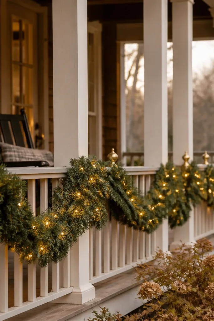Warm white lit garland draped along a porch railing with small gold ornaments