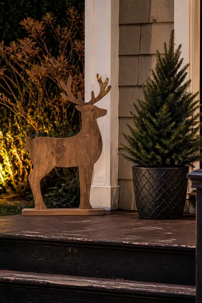 Wooden reindeer decoration standing on a porch landing beside the door
