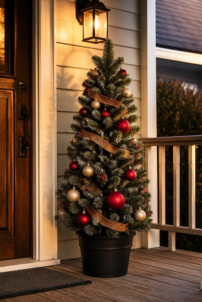 Small faux Christmas tree in a metal pot decorated with simple ornaments