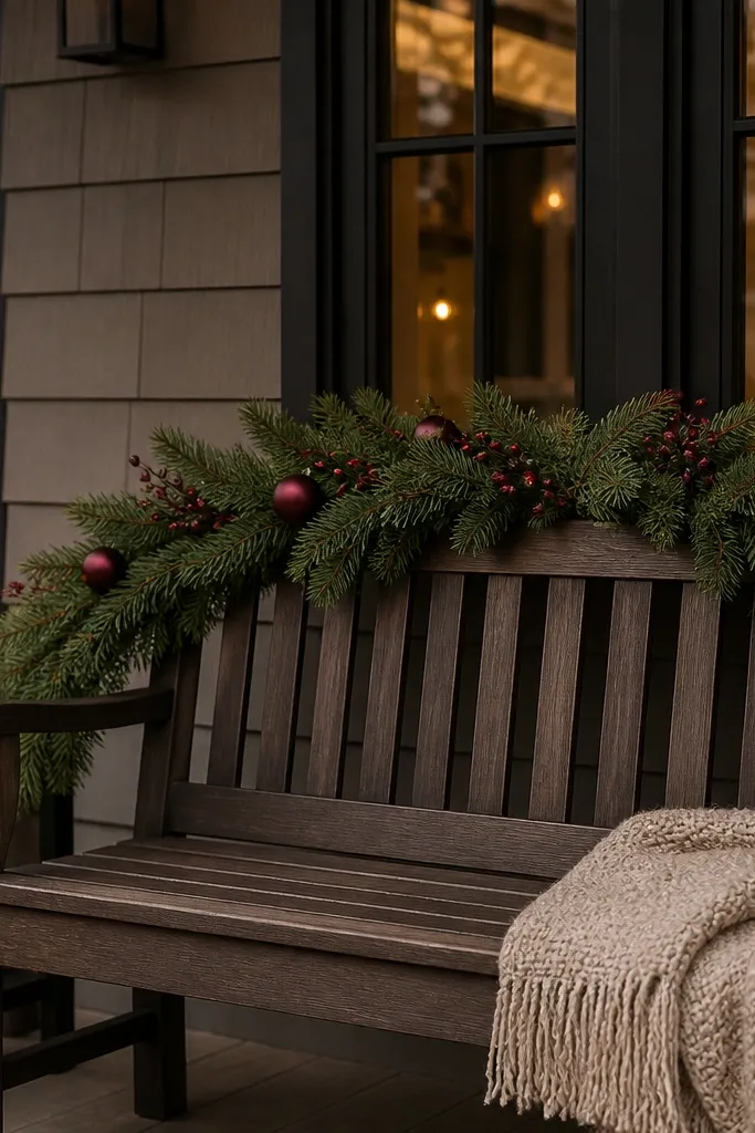 Evergreen garland draped above a porch bench with small ornaments