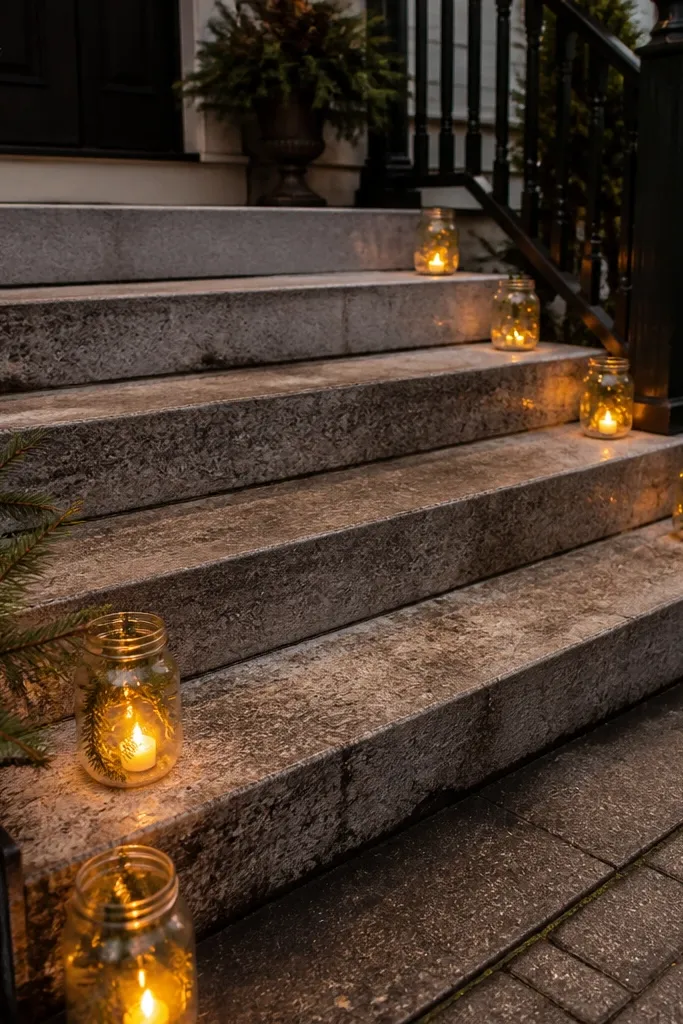 Mason jar luminaries on porch steps with warm candle glow