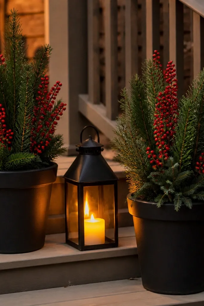 Two planters with red berry picks and a black lantern on a porch