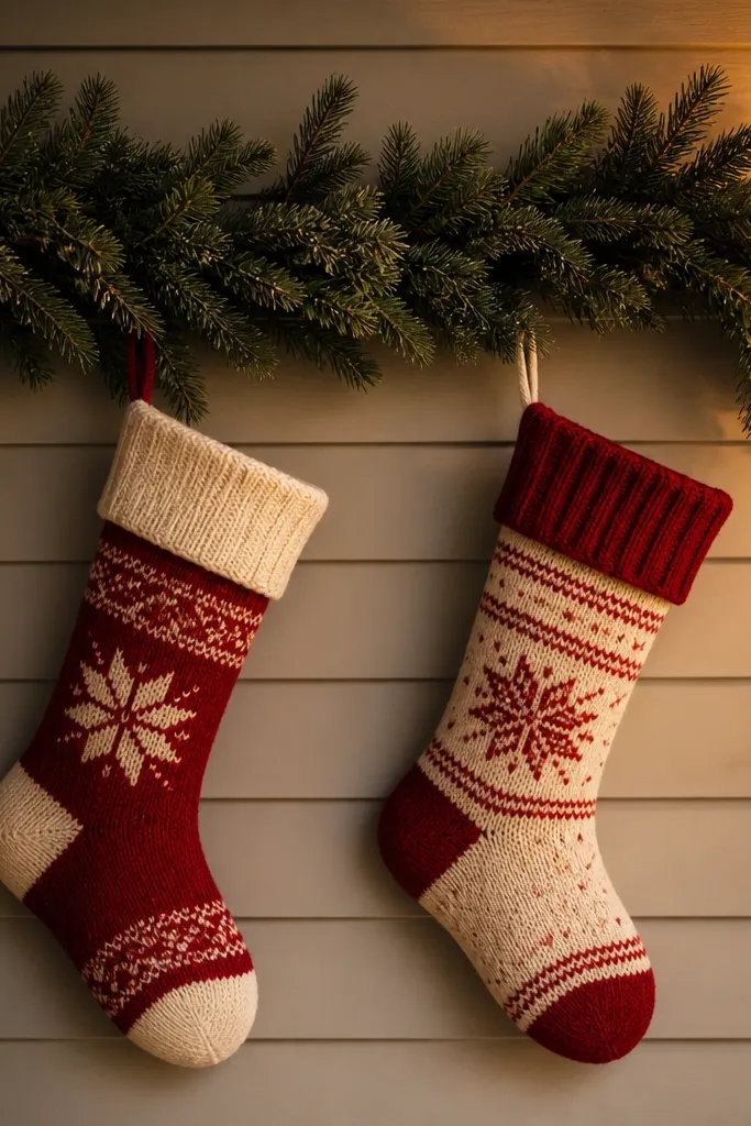Wall-mounted garland with two stockings hanging under a porch light
