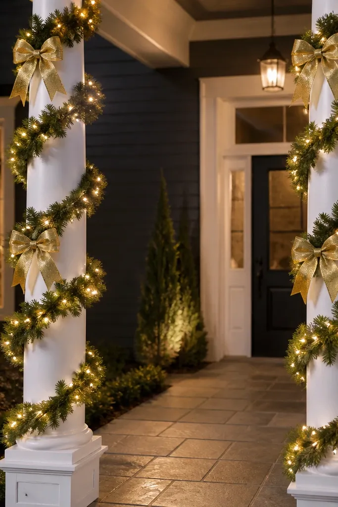 Warm white lights wrapped around porch columns with gold ribbon bows