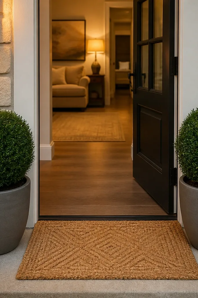 Cozy holiday doormat with small evergreen topiary in planters by the door
