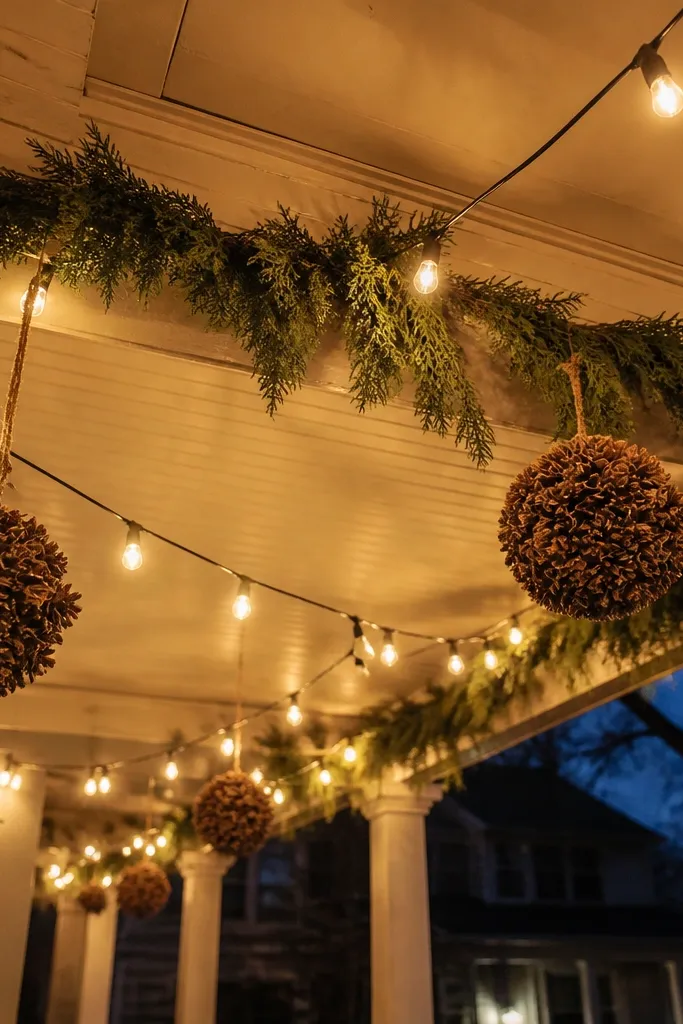 Warm string lights along porch ceiling with cedar garland and hanging pine balls