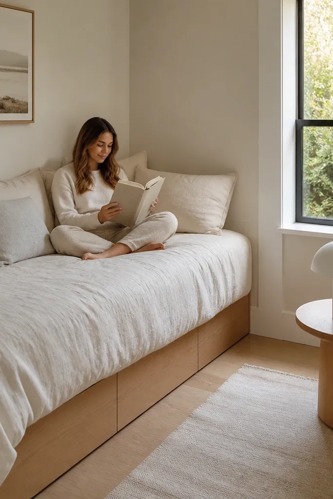 Small room corner daybed with matching bedding and a slim lamp on a side table