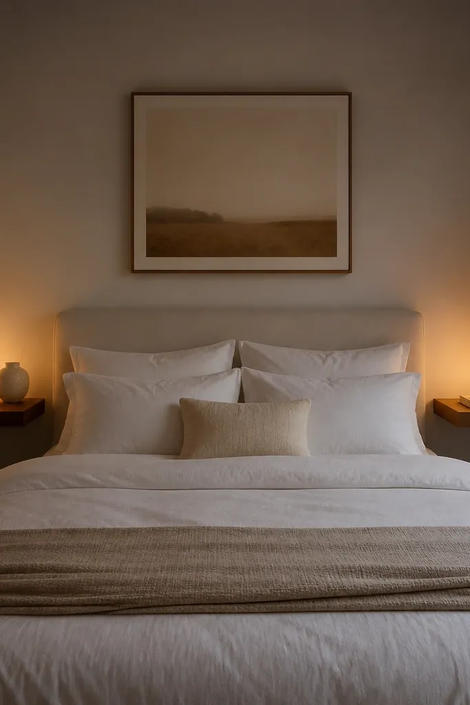 Bed with two wall shelves on each side holding small decor and a lamp