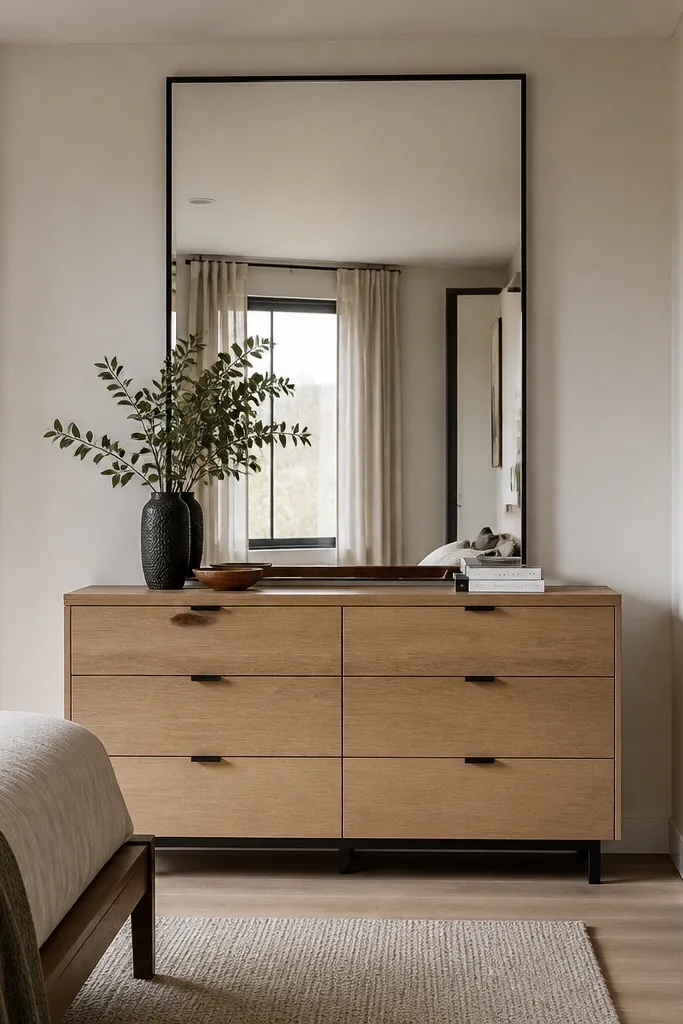 Small bedroom with a dresser against a wall and a tall mirror above