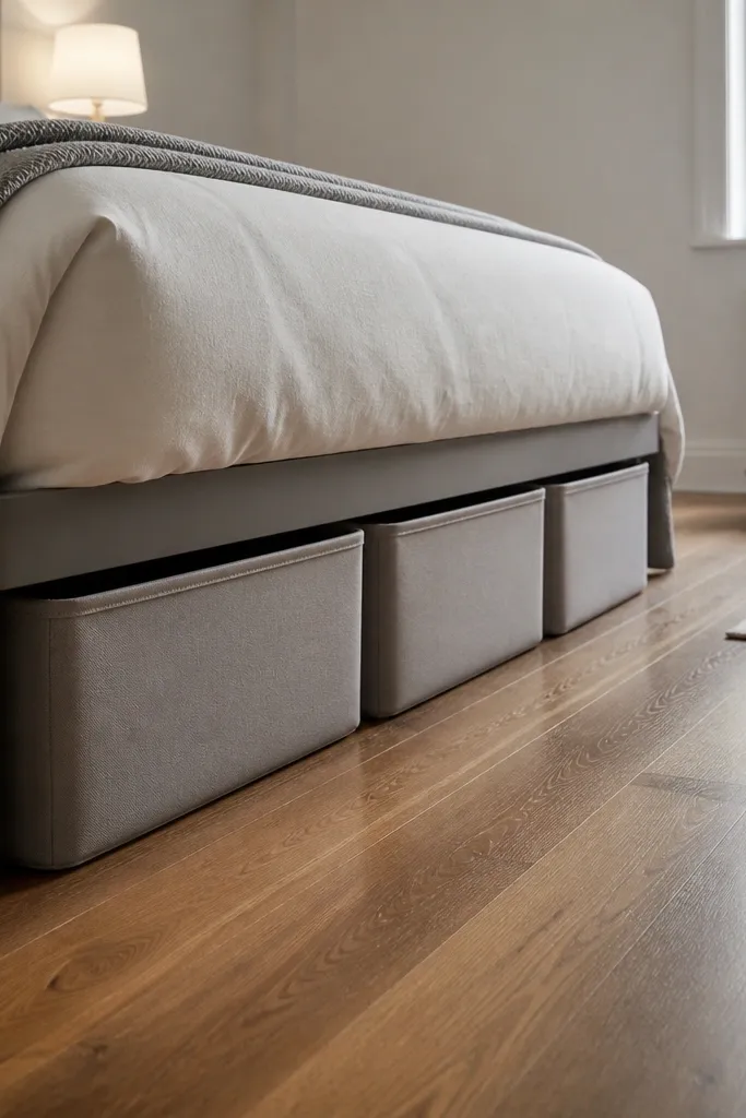Bed with clean white sheets and bins stored under the bed