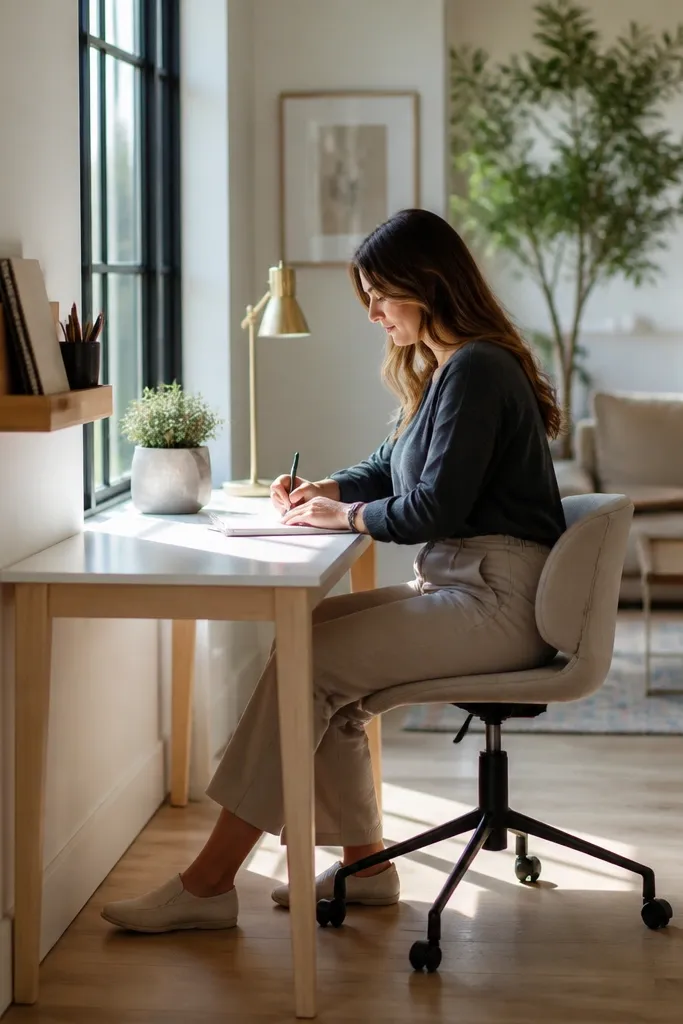 Slim desk along a window wall with a small lamp and wall organizer above
