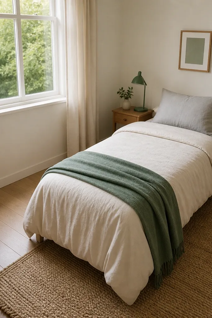 Bed with light neutral bedding and a single accent color throw