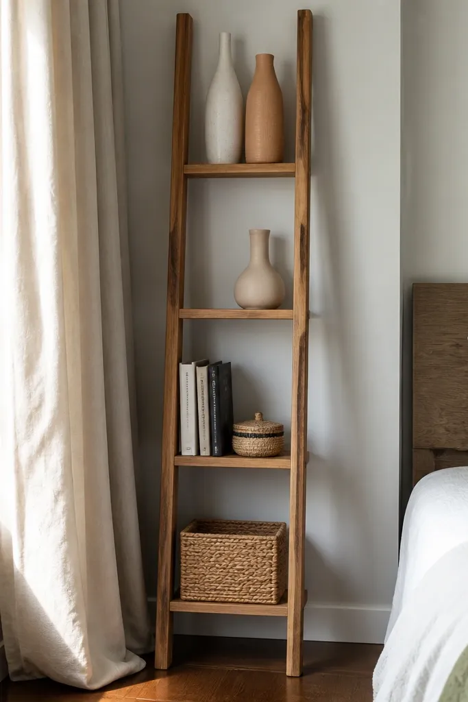 Narrow ladder-style bookshelf on a wall with tall decor pieces