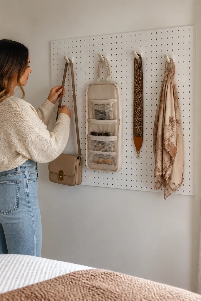 Pegboard wall with hooks holding a small bag and decor near the bed
