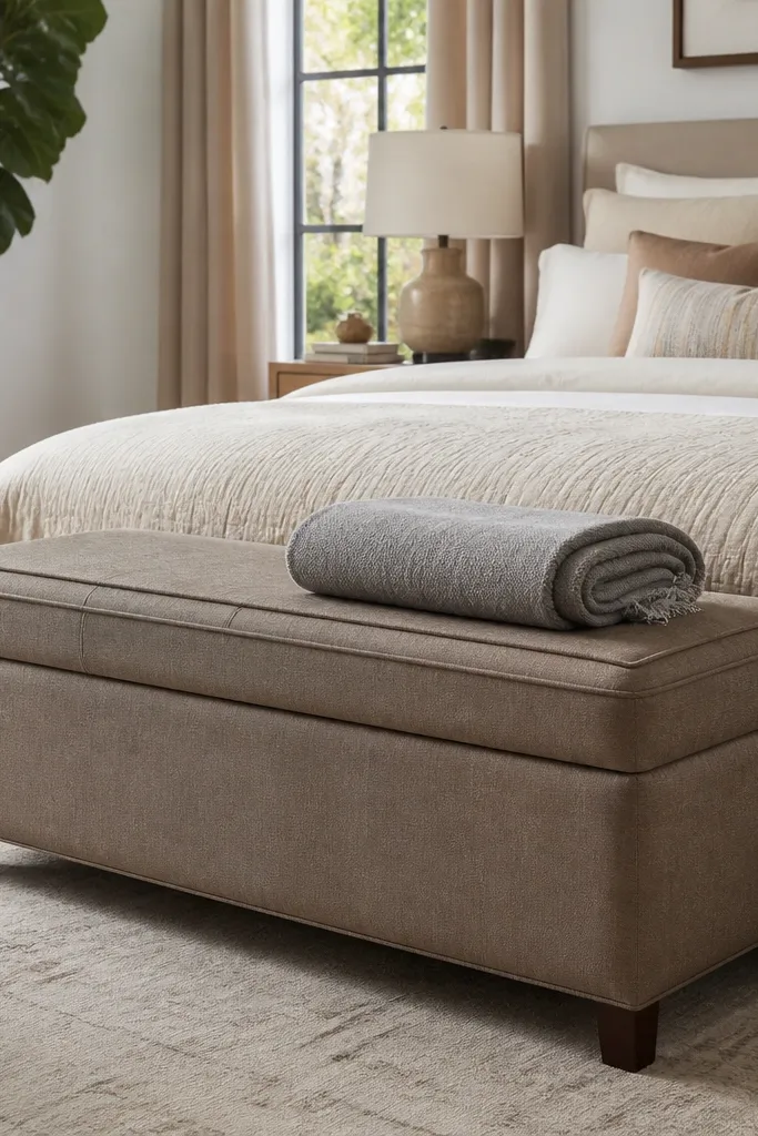 Small bedroom bed with a storage bench at the foot and a folded throw