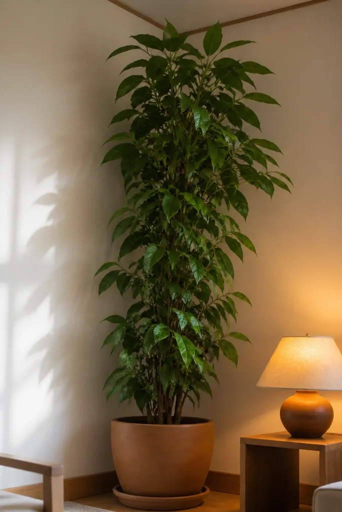Corner with a tall plant, warm lamp, and small side table near the bed