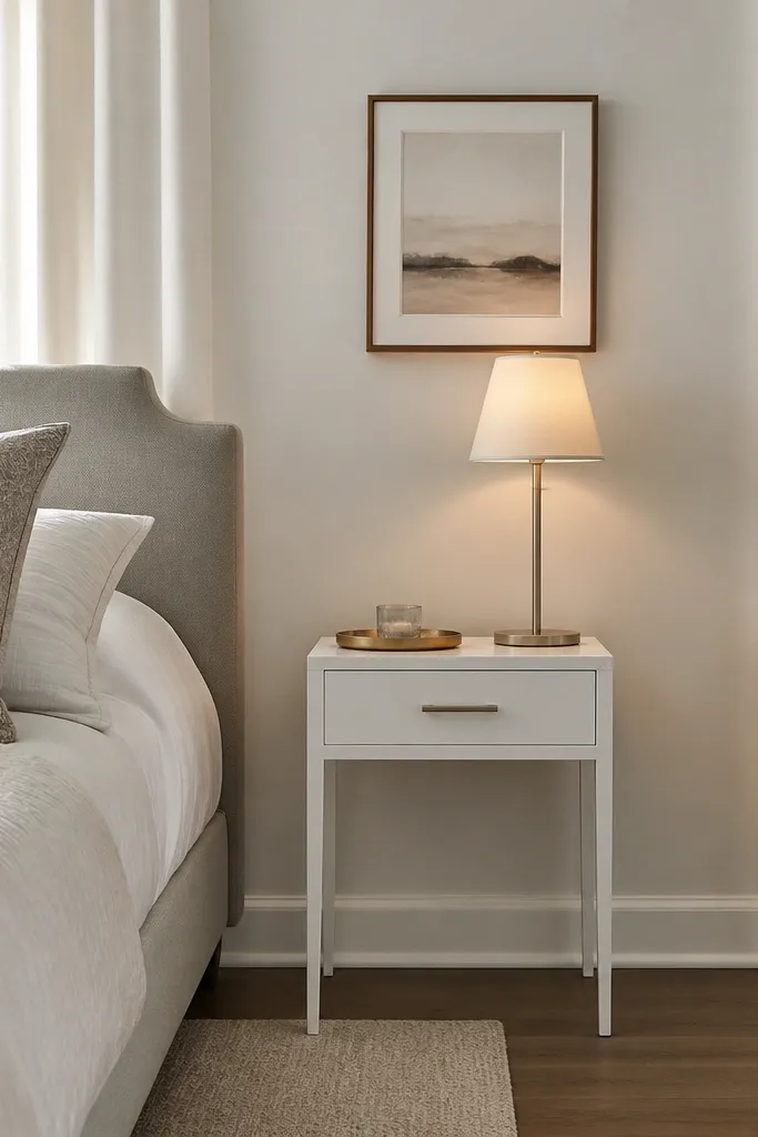 Bed with one small nightstand and wall art above, minimal decor