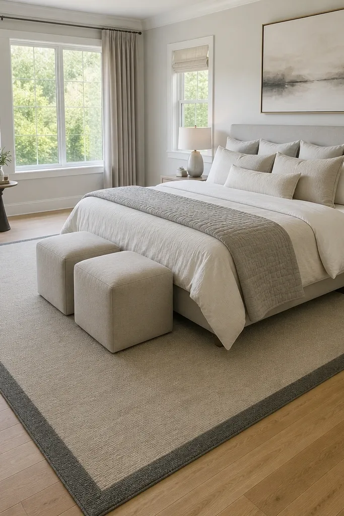 Small bedroom with a patterned rug under the bed and matching bedding colors