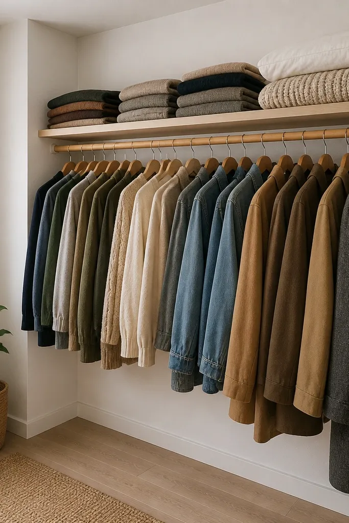 Clothes rail along a wall with a shelf above holding folded items