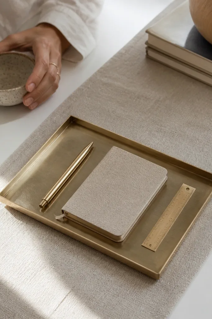 Beige linen runner with a slim brass tray holding pens on a study desk