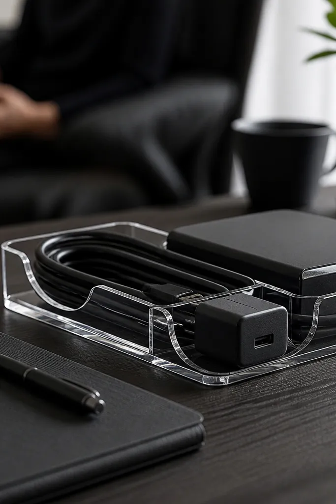 Clear acrylic cable dock with black cords neatly routed behind a laptop