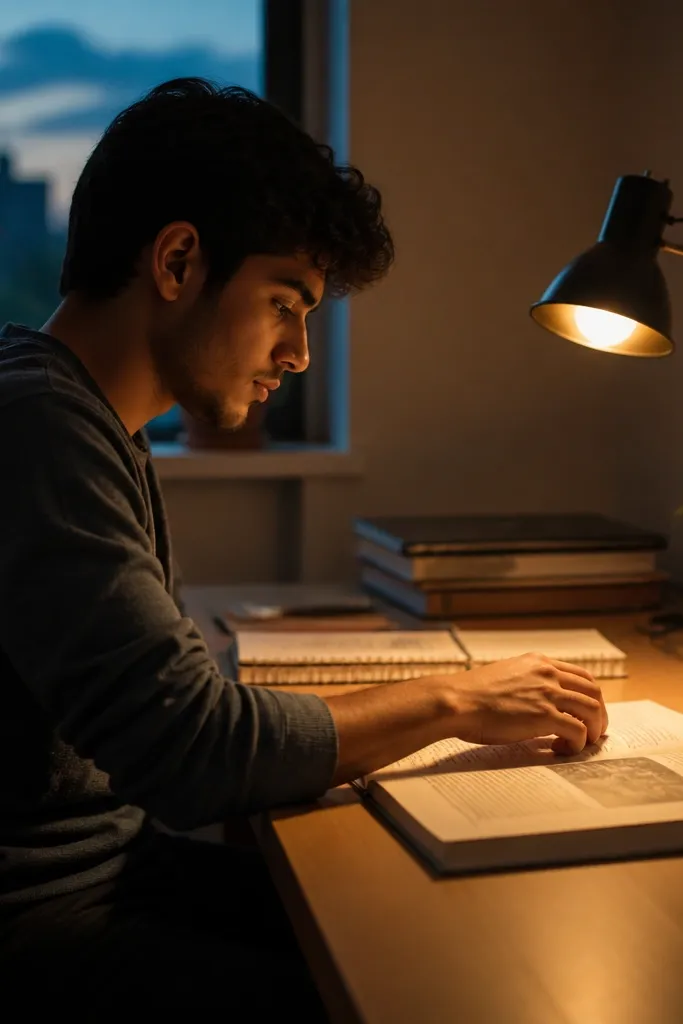 Matte black desk lamp with a warm light glow beside books and a notebook