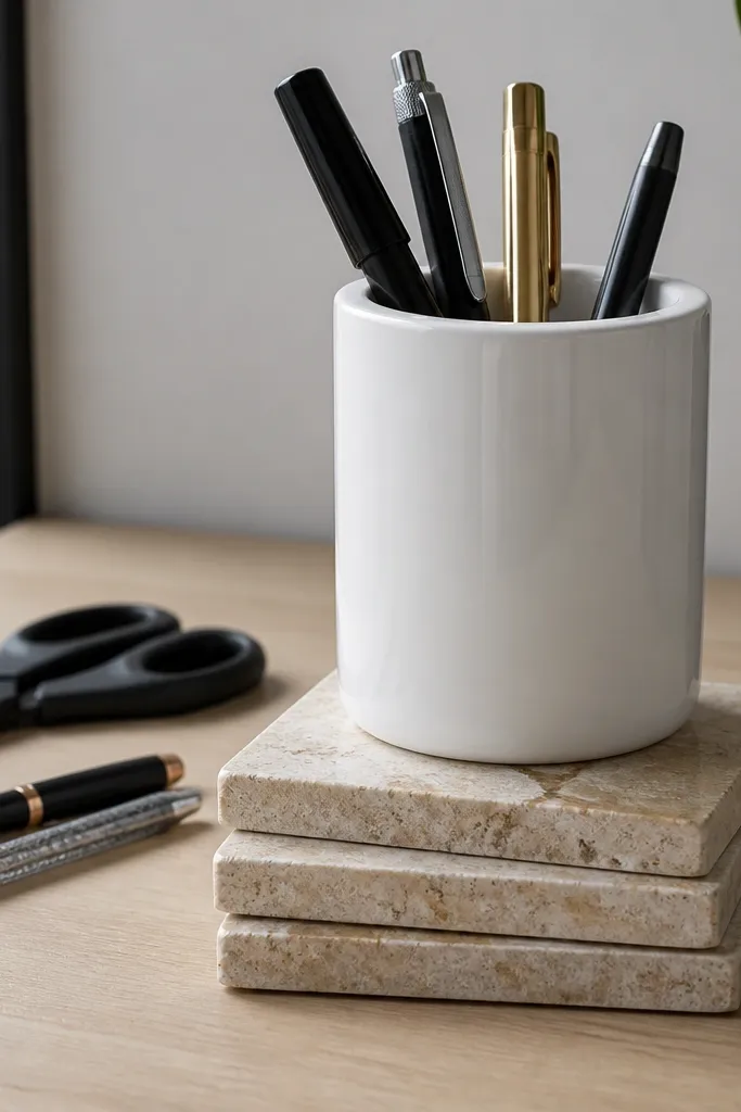 Three travertine-style coasters under a ceramic pen cup on a desk