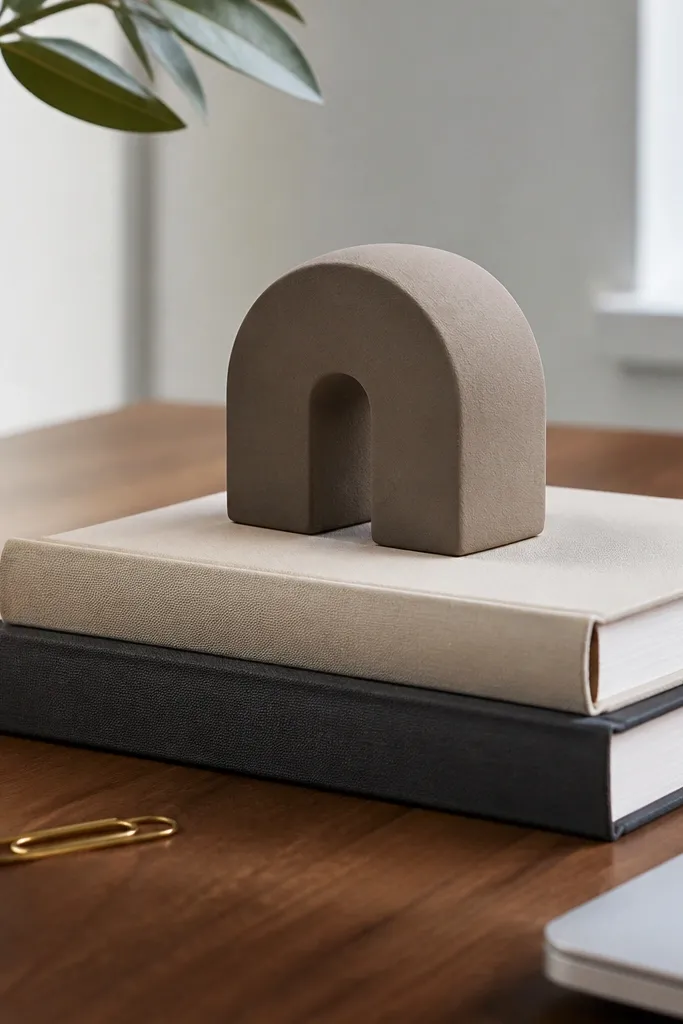 Two stacked books with neutral covers and a small ceramic sculpture on top