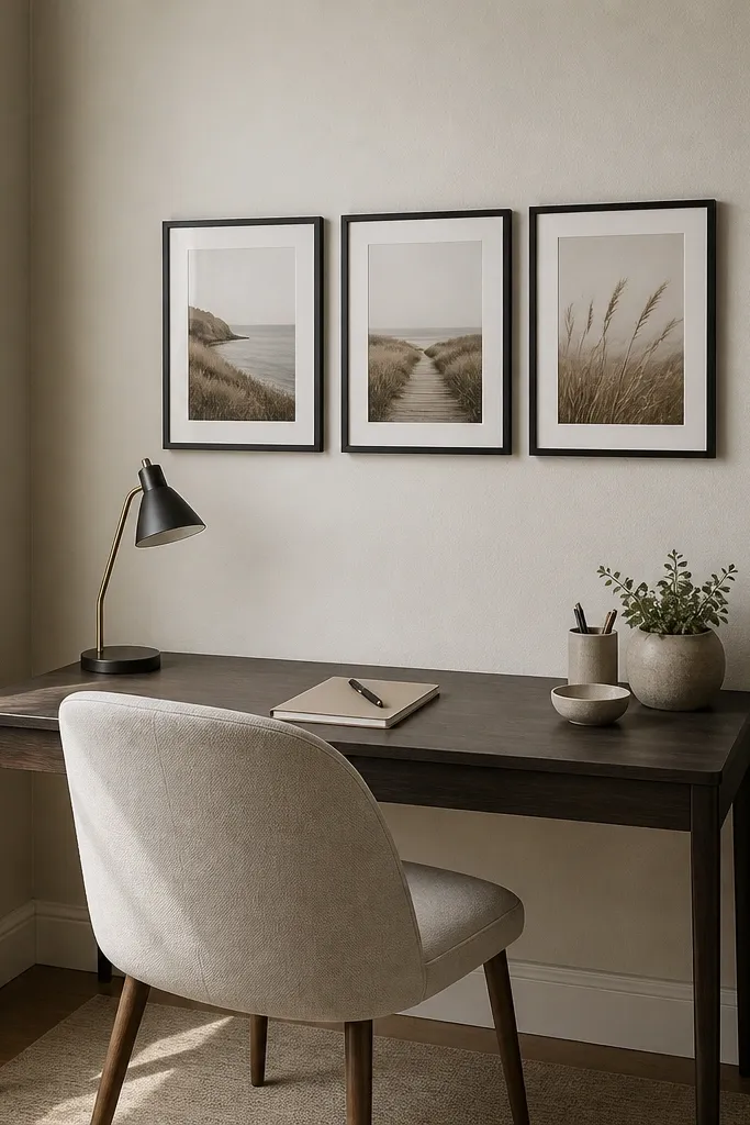 Three small framed prints in a row above a desk with a clean workspace